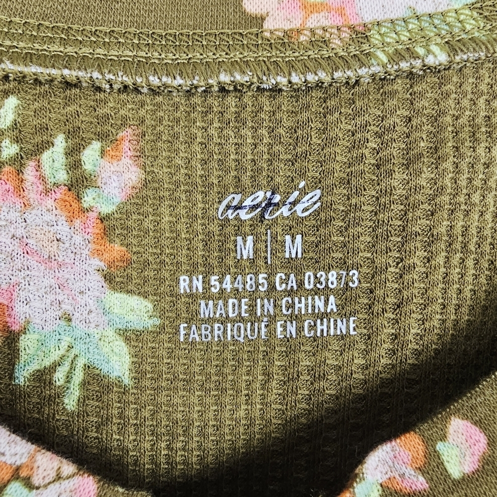 Aerie Olive Green Thermal Waffle Knit Fitted Floral Shirt - Picture 3 of 7